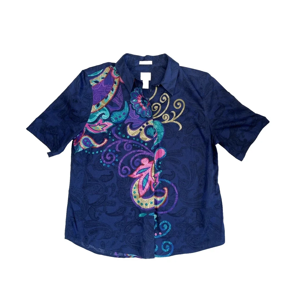 Chicos No Iron Shirt Womens Size 1 US 8/10 Blue Artsy Short Sleeve Double Sided